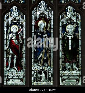 Saints George, Andrew and Patrick stained glass, St. Joseph`s Catholic Church, Nechells, Birmingham, West Midlands, UK Stock Photo